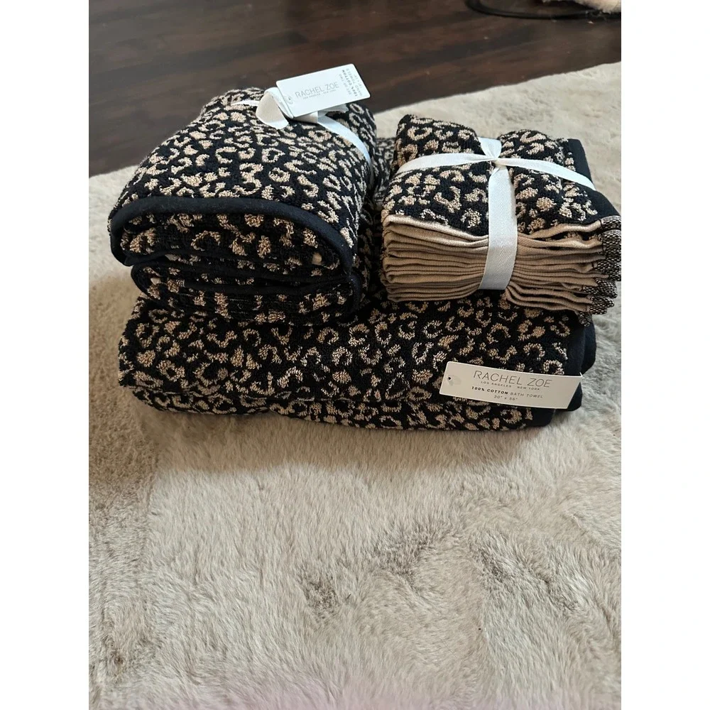 Rachel Zoe Leopard Print Towel Set 100% Cotton Black Tan Animal Print 8 Piece